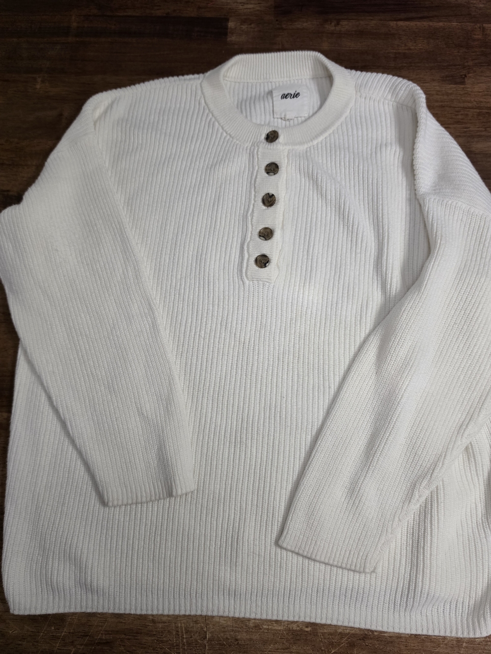 aerie White Ribbed Henley Sweater with Button Placket
